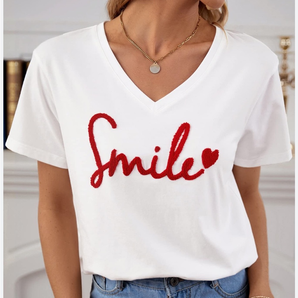 White T-Shirt with Red 'Smile' Print